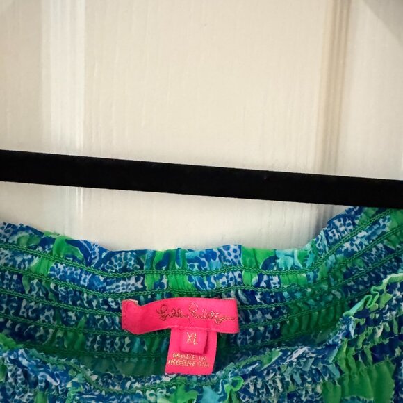 LILLY PULITZER OFF SHOULDER DRESS WOMEN XL GREEN BLUE FLORAL RESORT BOHO - Picture 9 of 10